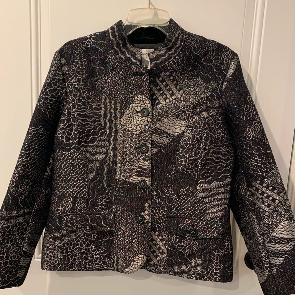 Chico’s Festive Shimmer Jacket with Mandarin Collar. Sz 1